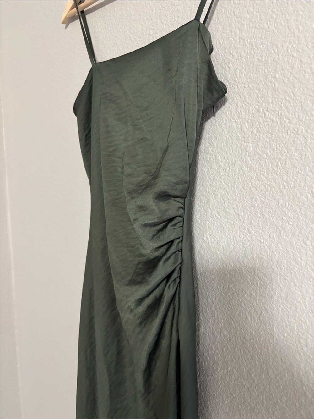 Zara Satin Midi Slip Dress Ruched Side Spaghetti Straps Emerald Green Size XS - Picture 13 of 14
